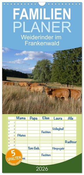 Produktbild: Familienplaner 2026 - Weiderinder im Frankenwald mit 5 Spalten (Wandkalender, 21 x 45 cm) CALVENDO