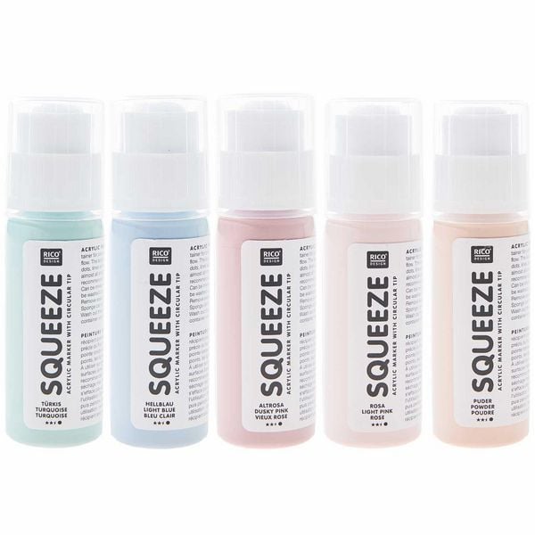 Produktbild: Squeeze Marker, 5x60ml Pastell Set (Puder / Hellrosa / Altrosa / Hellblau / T&uuml;rkis)