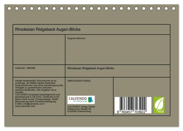 Produktbild: Rhodesian Ridgeback Augen-Blicke (Tischkalender 2026 DIN A5 quer), CALVENDO Monatskalender
