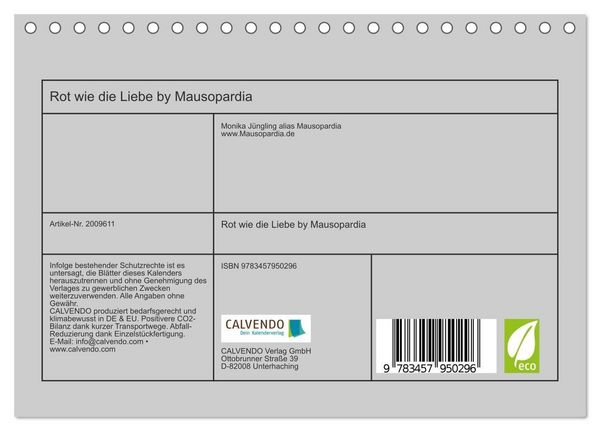 Produktbild: Rot wie die Liebe by Mausopardia (Tischkalender 2026 DIN A5 quer), CALVENDO Monatskalender