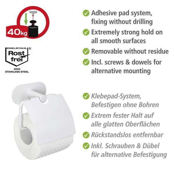 Produktbild: Turbo-Loc&reg; Toilettenpapierhalter mit Deckel Mod. Orea White matt, aus rostfreiem Edelstahl