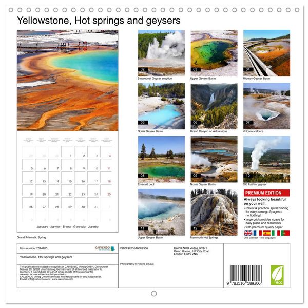 Produktbild: Yellowstone, Hot springs and geysers (Wall Calendar 2026 12 &times; 12 Inch) CALVENDO 12 Month Wall Calendar