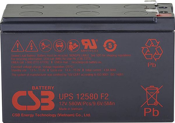 CSB Battery UPS 12580high-rate UPS12580F2 Bleiakku 12V 9.4Ah Blei-Vlies (AGM) (B x H x T) 151 x 99 x 65mm Flachstecker 6