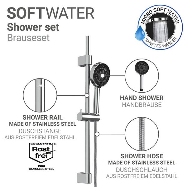 Produktbild: Brauseset Mod. Softwater, 70 cm, chrom, Edelstahl, mikrotropfen-technologie f&uuml;r sanftes duschen