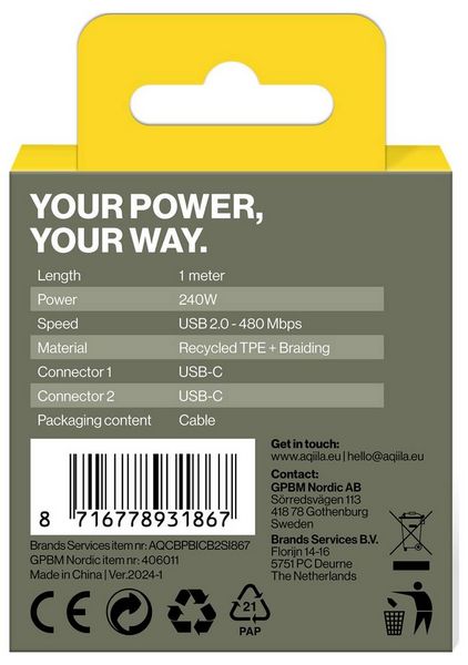 Produktbild: Aqiila Cablebird CB11 USB-C&reg; Kabel USB 2.0 USB-C&reg; Stecker 1.00m Schwarz AQCBPBICB2BD867