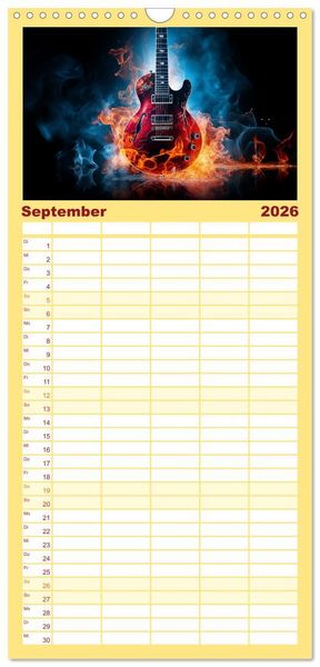 Produktbild: Familienplaner 2026 - Sechs Saiten, Zw&ouml;lf Monate - Der Gitarrenkalender mit 5 Spalten (Wandkalender, 21 x 45 cm) CALVENDO