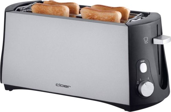 Cloer Toaster 3710 Doppel-Langschlitztoaster mit eingebautem Brötchenaufsatz Schwarz, Silber