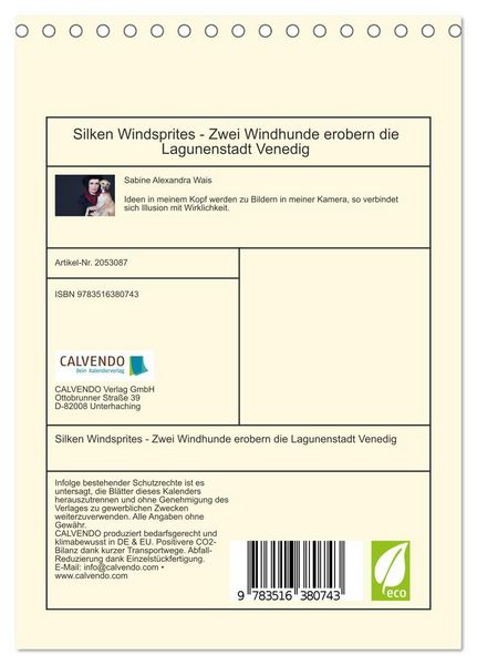 Produktbild: Silken Windsprites - Zwei Windhunde erobern die Lagunenstadt Venedig (Tischkalender 2026 DIN A5 hoch), CALVENDO Monatskalender