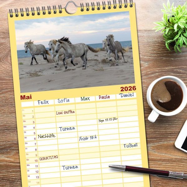Produktbild: Familienplaner 2026 - Die wei&szlig;en Pferde der Camargue mit 5 Spalten (Wandkalender, 21 x 45 cm) CALVENDO