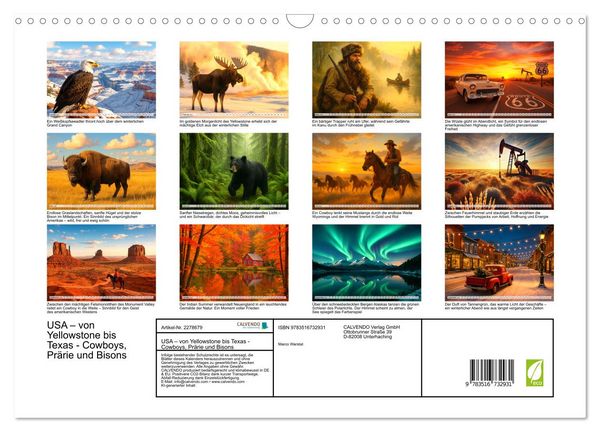 Produktbild: USA &ndash; von Yellowstone bis Texas - Cowboys, Pr&auml;rie und Bisons (Wandkalender 2026 DIN A3 quer), CALVENDO Monatskalender