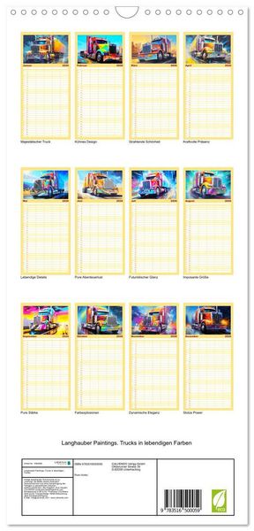 Produktbild: Familienplaner 2026 - Langhauber Paintings. Trucks in lebendigen Farben mit 5 Spalten (Wandkalender, 21 x 45 cm) CALVENDO