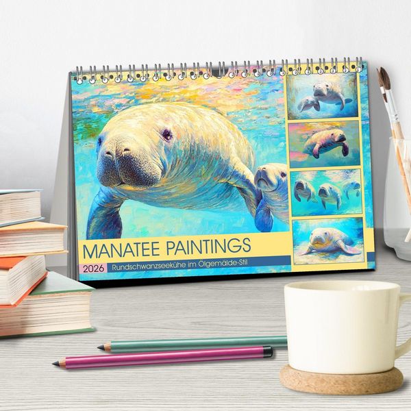 Produktbild: Manatee Paintings. Rundschwanzseek&uuml;he im &Ouml;lgem&auml;lde-Stil (Tischkalender 2026 DIN A5 quer), CALVENDO Monatskalender