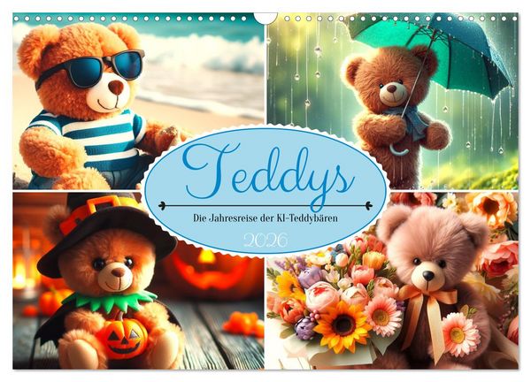 Produktbild: Teddys - Die Jahresreise der KI-Teddyb&auml;ren (Wandkalender 2026 DIN A3 quer), CALVENDO Monatskalender