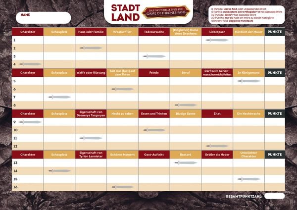 Produktbild: Stadt, Land, das inoffizielle Spiel f&uuml;r Game of Thrones-Fans &ndash; Der Spieleklassiker f&uuml;r Fans der H&auml;user Stark, Lannister und Targaryen