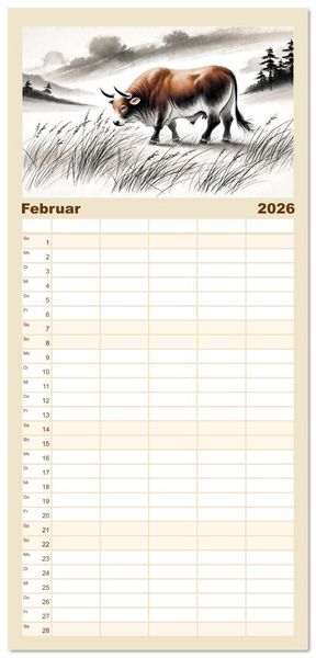 Produktbild: Familienplaner 2026 - Chinesische Tierkreiszeichen - Kunstvolle KI-Tuschemalerei des Ostens mit 5 Spalten (Wandkalender, 21 x 45 cm) CALVENDO