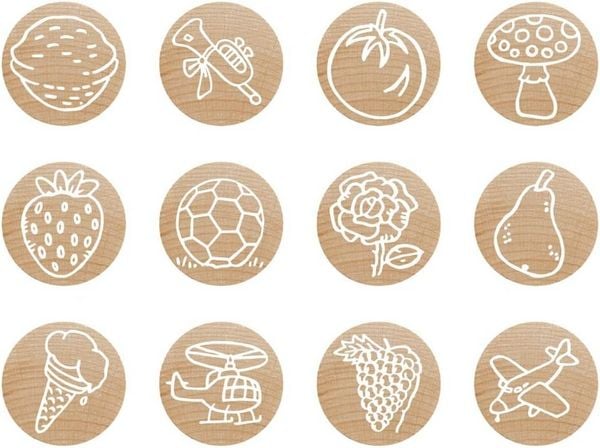 Produktbild: COLOP Woodies Holzstempel Set Mix, 12 Motive, Abdruckgr&ouml;&szlig;e: &Oslash; 29 mm, eckig