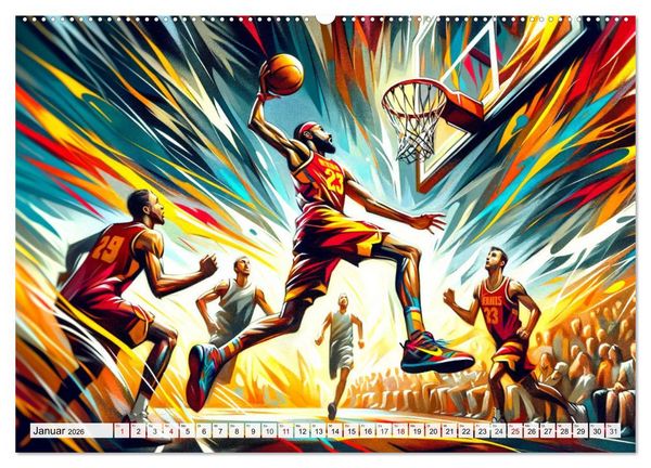 Produktbild: Basketball Expressionismus - Kunstvolle KI Interpretationen des Courts (Wandkalender 2026 DIN A2 quer), CALVENDO Monatskalender