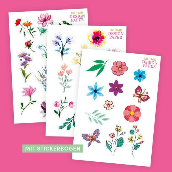 Produktbild: Design Paper Just Flowers A6 mit Blumen-Stickern