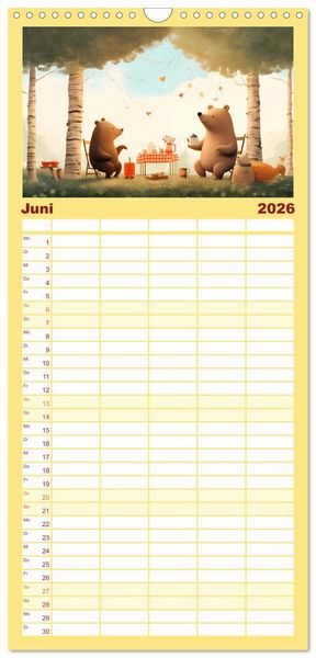 Produktbild: Familienplaner 2026 - B&auml;rige Illustrationen mit 5 Spalten (Wandkalender, 21 x 45 cm) CALVENDO