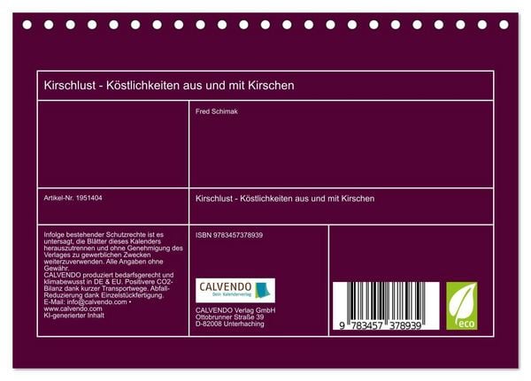 Produktbild: Kirschlust - K&ouml;stlichkeiten aus und mit Kirschen (Tischkalender 2026 DIN A5 quer), CALVENDO Monatskalender