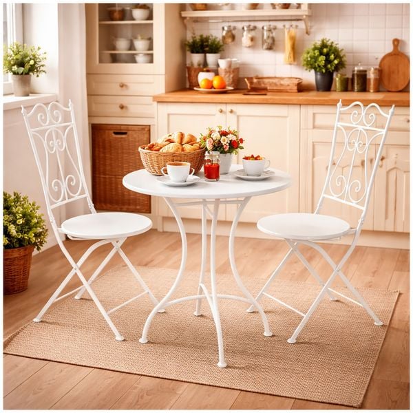 Produktbild: HTI-Living Bistro Sitzgruppe Metall Creme Tisch mit 2 St&uuml;hlen Balkon Set Gartenm&ouml;bel