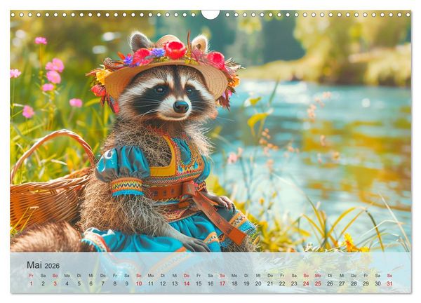 Produktbild: Niedlicher Waschb&auml;ren-Style. Modisch, elegant und blumig (Wandkalender 2026 DIN A3 quer), CALVENDO Monatskalender