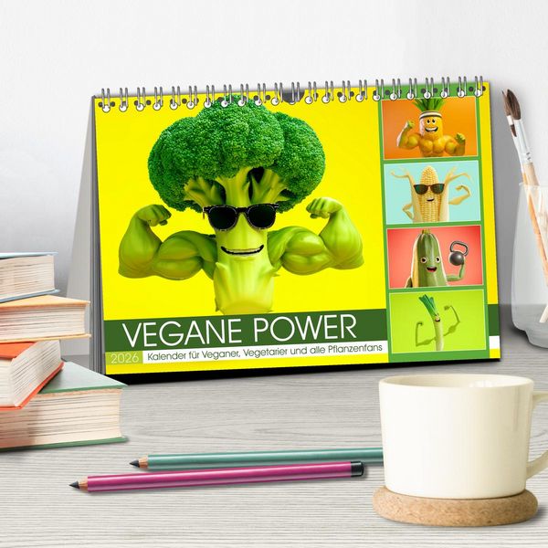 Produktbild: Vegane Power - Kalender f&uuml;r Veganer, Vegetarier und alle Pflanzenfans (Tischkalender 2026 DIN A5 quer), CALVENDO Monatskalender