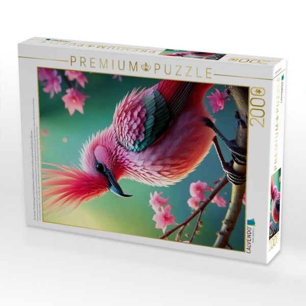 Produktbild: CALVENDO Puzzle Ein bunter Paradiesvogel mit pinkfarbenen Federkamm inmitten zarten pinkfarbenen Blumen | 2000 Teile Lege-Gr&ouml;&szlig;e 90x67cm Foto-Puzzle f&uuml;