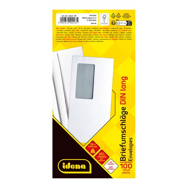 Produktbild: Idena Briefumschl&auml;ge 75g/m&sup2; selbstklebend mit Fenster wei&szlig; DIN lang 100 St&uuml;ck