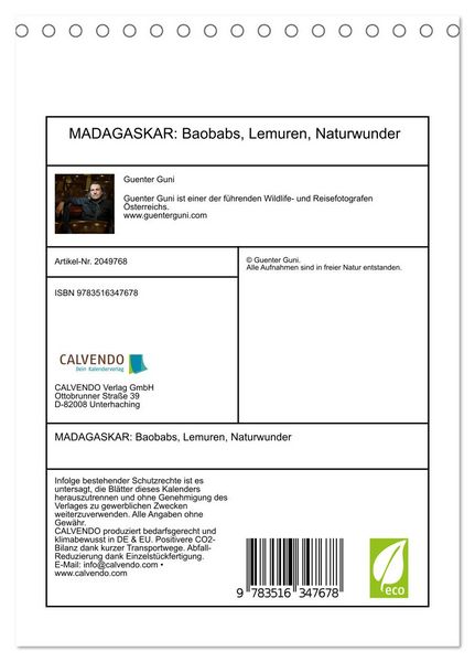 Produktbild: MADAGASKAR: Baobabs, Lemuren, Naturwunder (Tischkalender 2026 DIN A5 hoch), CALVENDO Monatskalender