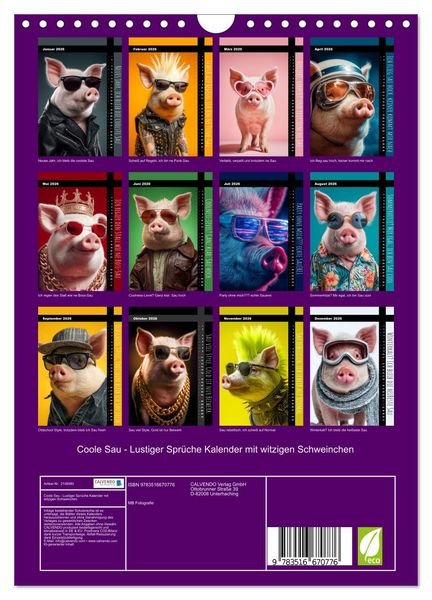 Produktbild: Coole Sau - Lustiger Spr&uuml;che Kalender mit witzigen Schweinchen (Wandkalender 2026 DIN A4 hoch), CALVENDO Monatskalender