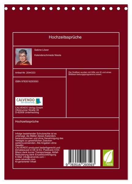 Produktbild: Hochzeitsspr&uuml;che (Tischkalender 2026 DIN A5 hoch), CALVENDO Monatskalender