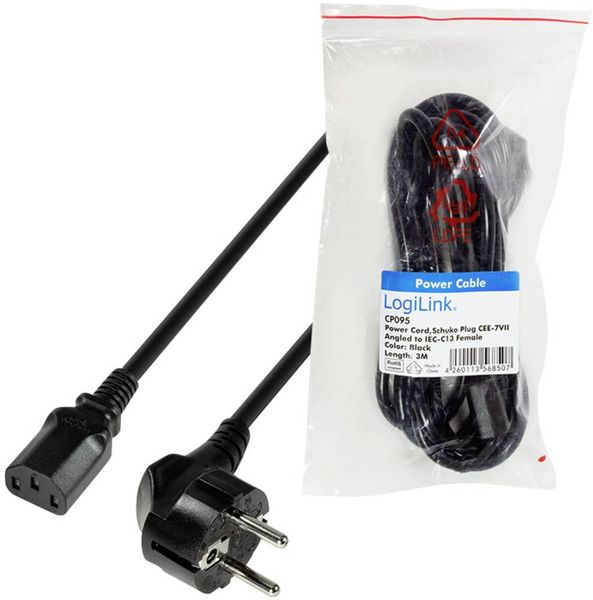 Produktbild: LogiLink Strom Anschlusskabel [1x Schutzkontakt-Winkelstecker - 1x Kaltger&auml;te-Stecker C13] 3.00 m Schwarz