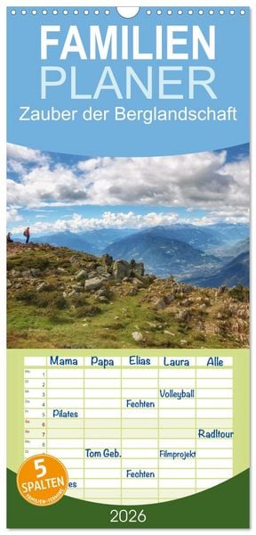 Produktbild: Familienplaner 2026 - Zauber der Berglandschaft mit 5 Spalten (Wandkalender, 21 x 45 cm) CALVENDO