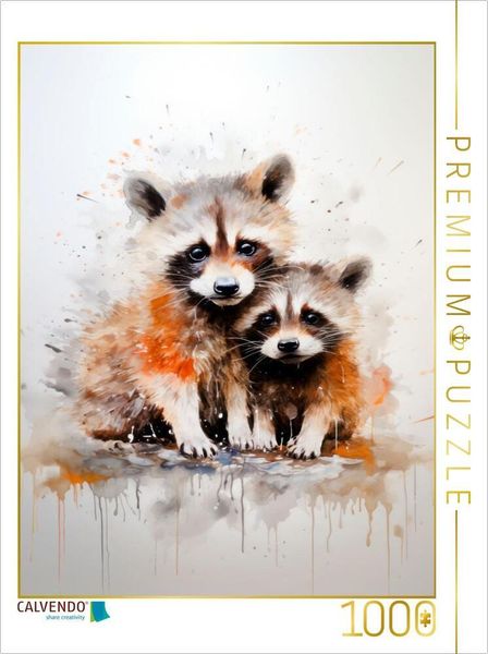 CALVENDO Puzzle Süße Waschbärfamilie in Acrylfarbe | 1000 Teile Lege-Größe 64x48cm Foto-Puzzle für glückliche Stunden