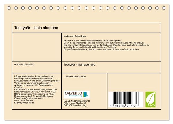 Produktbild: Teddyb&auml;r - klein aber oho (Tischkalender 2027 DIN A5 quer), CALVENDO Monatskalender