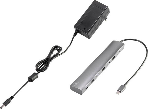 Produktbild: Renkforce RF-3374946 USB-Hub 6+1 Port USB-A USB 3.2 Gen1 5 GBit/s mit Pass-Through Stromanschluss, mit Aluminiumgeh&auml;use Silber