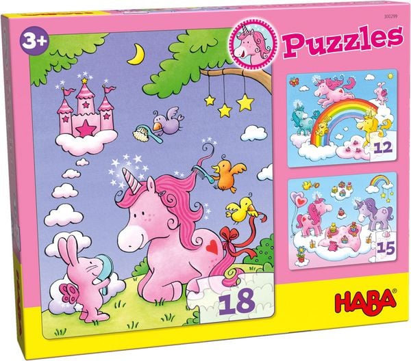 Produktbild: Puzzles Einhorn Glitzergl&uuml;ck. 3 Motive 12, 15, 18 Teile