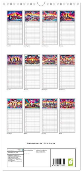 Produktbild: Familienplaner 2027 - Stadtansichten der USA in Tusche mit 5 Spalten (Wandkalender, 21 x 45 cm) CALVENDO