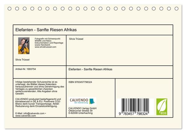 Produktbild: Elefanten - Sanfte Riesen Afrikas (Tischkalender 2026 DIN A5 quer), CALVENDO Monatskalender