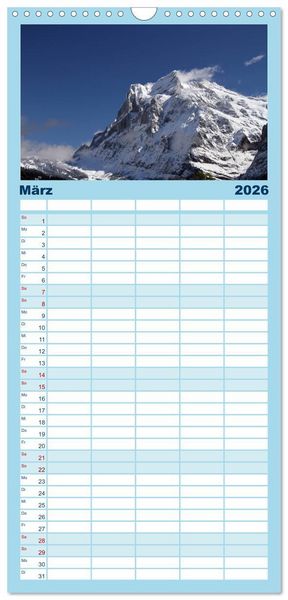Produktbild: Familienplaner 2026 - Schweizer Berggipfel mit 5 Spalten (Wandkalender, 21 x 45 cm) CALVENDO