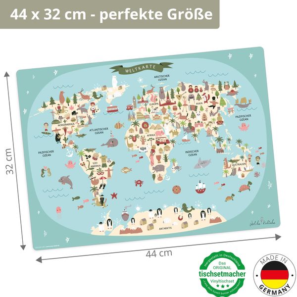 Produktbild: Tischsetmacher Tischset f&uuml;r Kinder Weltkarte in blau mit Tieren in deutsch, aus hochwertigem Vinyl , 44 x 32 cm