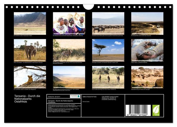 Produktbild: Tansania - Durch die Nationalparks Ostafrikas (Wandkalender 2026 DIN A4 quer), CALVENDO Monatskalender
