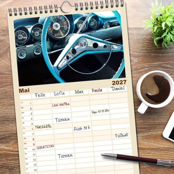 Produktbild: Familienplaner 2027 - Ikonische US-Car Armaturenbretter mit 5 Spalten (Wandkalender, 21 x 45 cm) CALVENDO