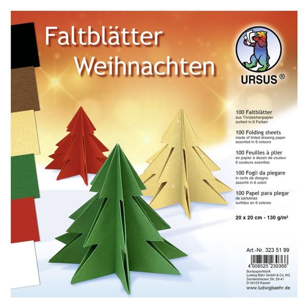 Produktbild: URSUS Tonzeichenpapier-Faltbl&auml;tter "Weihnachten", 20 x 20 cm