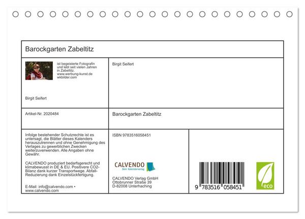 Produktbild: Barockgarten Zabeltitz (Tischkalender 2026 DIN A5 quer), CALVENDO Monatskalender