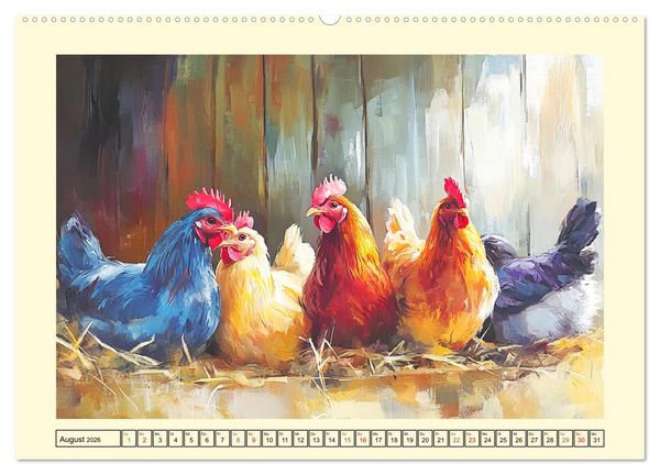Produktbild: Im Glanz der Federn. Sch&ouml;ne H&uuml;hner in malerischer Harmonie (Wandkalender 2026 DIN A2 quer), CALVENDO Monatskalender