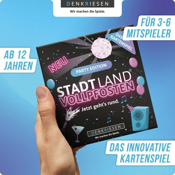 DENKRIESEN - STADT LAND VOLLPFOSTEN® - Das Kartenspiel - PARTY EDITION "Jetzt geht's rund."