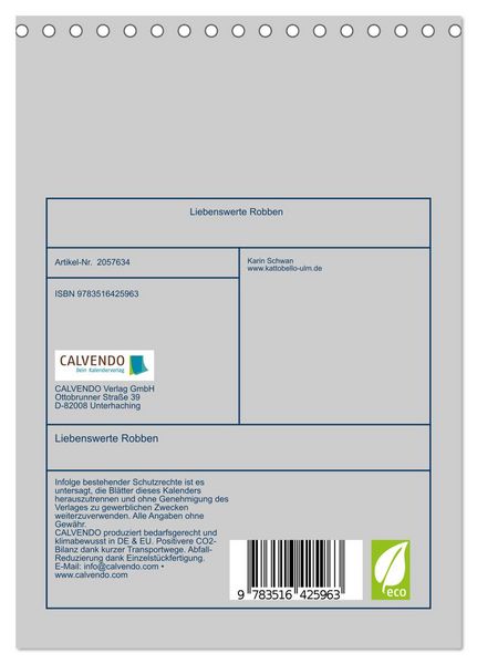 Produktbild: Liebenswerte Robben (Tischkalender 2026 DIN A5 hoch), CALVENDO Monatskalender