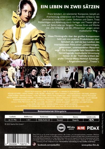 Produktbild: Franz Schubert - Ein unvollendetes Leben / Hervorragende Filmbiografie &uuml;ber den gro&szlig;en Komponisten (Pidax Historien-Klassiker)